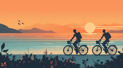 minimalist sunset seaside path illustration poster background - obrazy, fototapety, plakaty