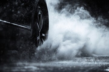 Car Moving with Fine Particle Cloud Representing Tyre Wear, Illustrating Chaos and Motion Concept.