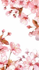 Border of pink cherry blossom flowers. Watercolor illustration. Empty space in the center for text 