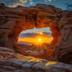 The sun sets through a hole in a large rock