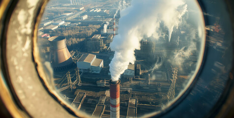 Captivating industrial landscape of an operational power plant viewed through a circular window, resembling a porthole