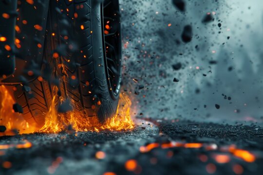 Detailed Illustration of Tire-Road Surface Interaction and Wear Particle Generation, Portraying Chaotic Dynamics and Frictional Forces Concept.