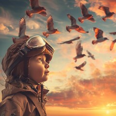A young child in a pilots hat pretending to fly with a group of migratory birds across a beautiful sunset sky