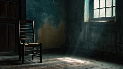 An empty chair in a dimly lit room signifying the pain of absence or loss - obrazy, fototapety, plakaty