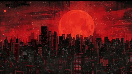 Dramatic Sunset in a Vibrant Cityscape with Red and Black Tones, Reflecting Urban Energy and Mystery.