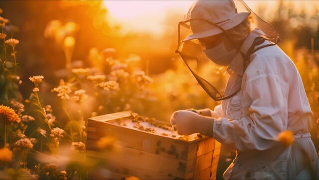 The beekeeper pulls out a frame with honey from the beehive. Apiarist in protective suit holds a honey cells with bees in his hands. Ai generated.