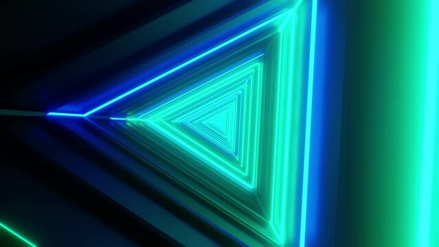Loop VJ animation background. Camera flying in a triangular neon tunnel with blue and turquoise lights.
