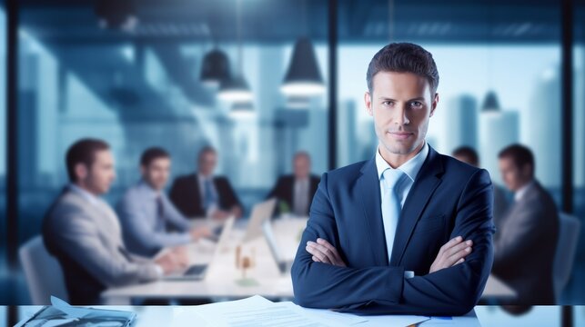 Businessman crossing his arms against office background - Powered by Adobe
