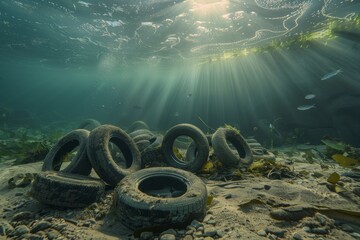 Environmental Impact: Tyre Particles Settling on Riverbed Causing Chaos for Aquatic Life, Illustrating the Devastating Effects of Pollution on Ecosystems.