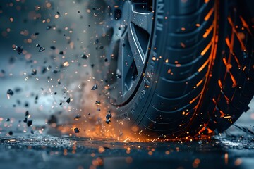 Detailed Close-up of Tyre Particles Breaking Off and Dispersing in the Environment, Illustrating Chaos and Interaction.