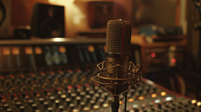 Warm, vintage ambiance pervades the space highlighting a classic microphone set for a studio session