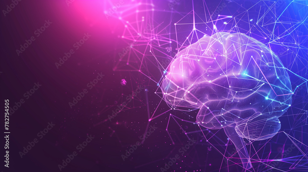 Poster a brain is shown in a purple and blue background with a lot of lines. the brain is surrounded by a l