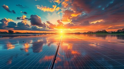 Renewable Energy in Action: Solar Farm at Sunrise - obrazy, fototapety, plakaty
