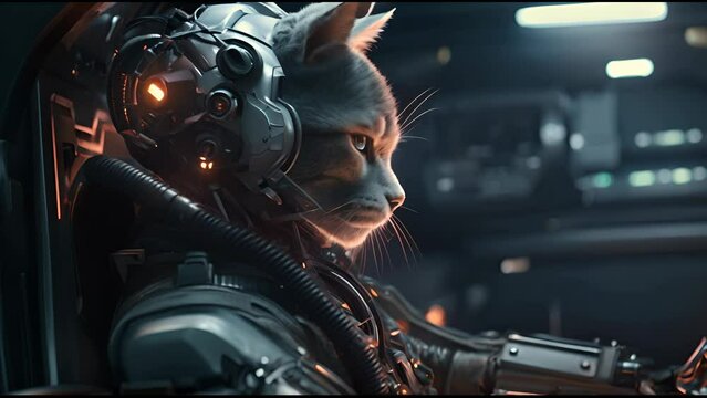 Anthropomorphic fantasy cat in cyborg armor. Fantastic android kitten in cyberpunk style. Technology and future concept.