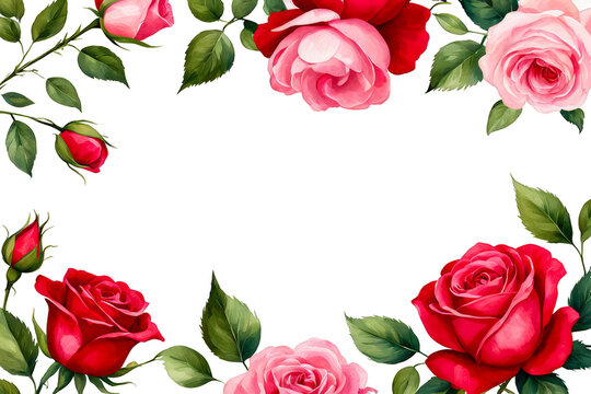 Red roses and leaves border watercolor illustration, surrounded by all four sided, floral banner frame , white background, copy space, text template, botanical 