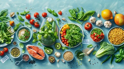 A creative top-down composition of a meal prep process with a variety of organic vegetables, grains, and proteins, ready for cooking - obrazy, fototapety, plakaty