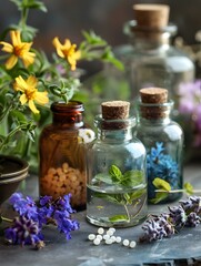 Fototapeta na wymiar Homeopathic Remedies with Natural Botanical Ingredients in Glass Vials and Bottles