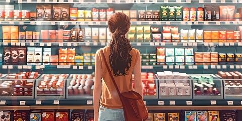 A woman overwhelmed by the vast selection of products in a grocery store or supermarket facing the dilemma of choosing from the many options and - obrazy, fototapety, plakaty