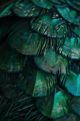 extreme close up macro of peacock feathers, emerald tones