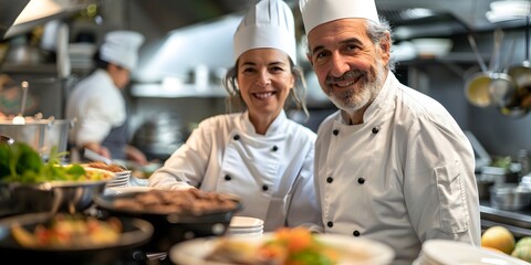 Fototapeta na wymiar Mature Chefs Collaborating on Gourmet Culinary Creations During Joyful Global Culinary Adventure