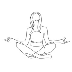 Woman Yoga Lotus Pose One Line Drawing. Female Sport Concept Minimalist Drawing. Yoga Meditation Line Art Modern Minimal Drawing Trendy Illustration Continuous Line Art. Vector EPS 10