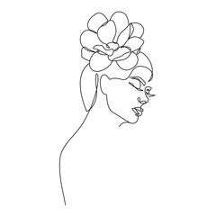 Woman Head with Flowers Line Art Vector Drawing. Style Template with Female Face with Flowers and Leaves. Modern Minimalist Simple Linear Style. Beauty Fashion Design	
