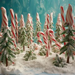 Naklejka na ściany i meble A forest of candy canes, with peppermint leaves and a ground of powdered sugar snow.