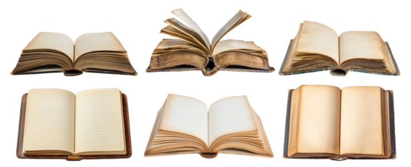 Set of old open books isolated on transparent background
