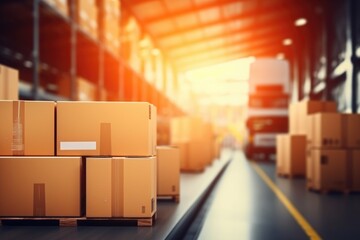 Business background Blurry warehouse on background Transporting product boxes.