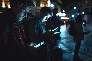 people on street,time of night, addicted to phone. Internet addition concept. - obrazy, fototapety, plakaty