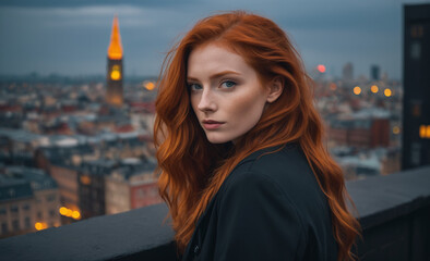 Fototapeta premium Portrait of a beautiful red-haired model, a ginger model with a face of beauty and red hair, noir, contrast, color paint, multiple colors, city at background , detailed