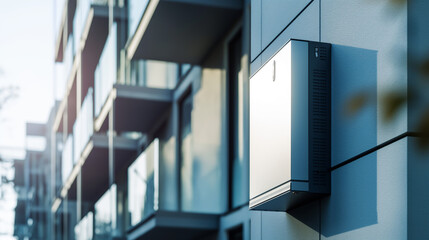 Modern architecture with a focus on energy efficiency, showcasing an air conditioning unit on the exterior of a contemporary apartment building - obrazy, fototapety, plakaty