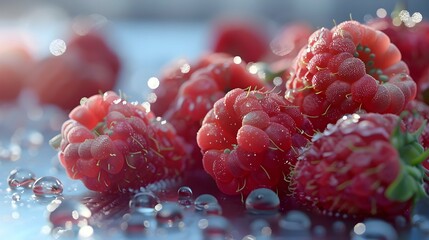 a bunch of raspberries with water droplets on them