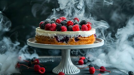 a cake topped with raspberries and blackberries on top of a cake stand with smoke coming out of it 