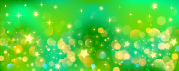 Green background with glitter stars. Bright fantasy sky. Space with bokeh. Fairy iridescent gradient backdrop. Vector