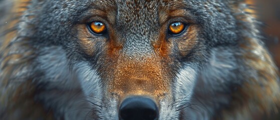 Wolf in wilderness, close up, intense eyes, detailed fur, soft focus, twilight