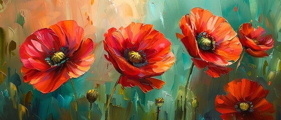 Wild poppies, close up, vibrant reds, soft greens, natural light