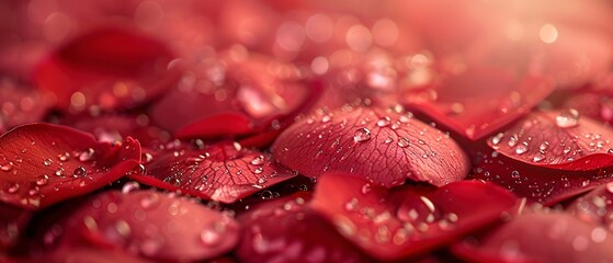 Sunlit rose petals, close up, dew drops, vibrant red, soft background