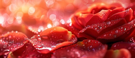 Sunlit rose petals, close up, dew drops, vibrant red, soft background