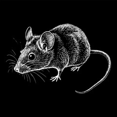 Realistic Mouse Drawing in Engraving Style, White on a Black Background, using Negative Space. AI generated.