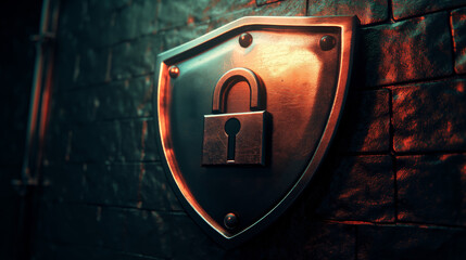 This image showcases a strong shield with a secure lock on a red brick wall, symbolizing strength, security, and protection in a visually striking and modern representation - obrazy, fototapety, plakaty