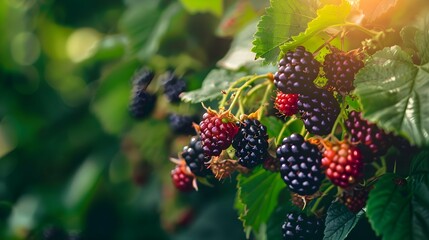 blackberries on the vine, Dark Blackberry Fruits, Fresh juicy organic dewberry background Ripe blackberries background  - obrazy, fototapety, plakaty