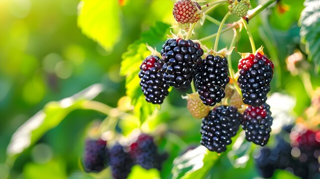 blackberries on the vine, Dark Blackberry Fruits, Fresh juicy organic dewberry background Ripe blackberries background 