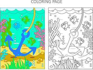 Color by sample. Coloring page with anchor and underwater scene of sea life.
