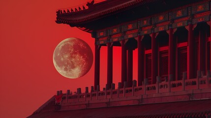 Red tone moon and oriental architecture geometric illustration poster background