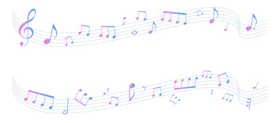 カラフルな遠近感のある楽譜のフレームイラスト　五線譜　背景イラスト　音符、休符、音楽記号のイラスト