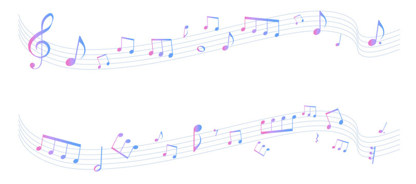 カラフルな遠近感のある楽譜のフレームイラスト　五線譜　背景イラスト　音符、休符、音楽記号のイラスト