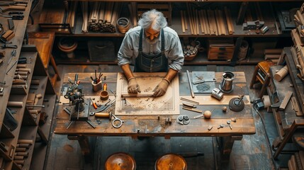 Man sitting at wooden table in workshop, surrounded by tools and machines