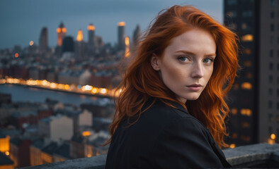 Fototapeta na wymiar Portrait of a beautiful red-haired model, a ginger model with a face of beauty and red hair, noir, contrast, color paint, multiple colors, city at background , detailed