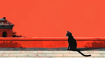Foto auf Glas Minimalist traditional red wall and cat illustration poster background © jinzhen
